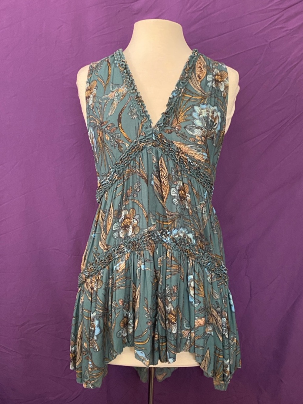NWT Free People Teal Hummingbird Floral V-Neck Tiered Dress. Size S/P.